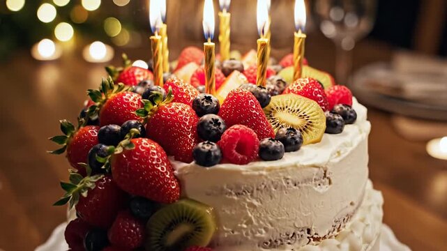Two tiered fruit topped cake with lit candles celebration dessert