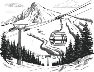 Winter mountain ski resort with cable car gondola, snowy landscape and forest vector sketch illustration © Al