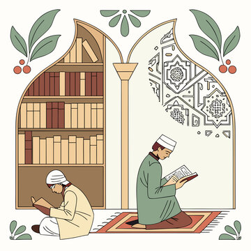 Islamic scholars reading books in archway with bookshelf