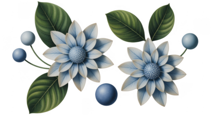Blue flowers with green leaves and blue berries on black isolated on a transparent background