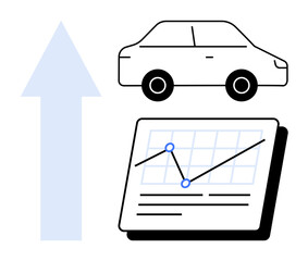 Car adjacent to growth arrow and analytics chart with graph lines signifies progress, development, or success in automotive performance, market analysis, and eco-trends. Ideal for business, transport