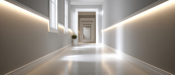 Modern minimalist hallway with white walls, wooden floor, recessed lighting, and multiple doorways creating a sense of depth and perspective