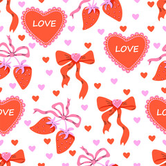 Seamless cute pattern about love in a playful style. Strawberry branch, bows and hearts on a white background in red and pink colors. Romantic design, perfect for Valentine's Day, wrapping paper