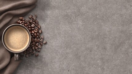 Warm Coffee in a Mug with Fresh Coffee Beans on a Textured Gray Surface Surrounded by a Soft Cloth and Natural Light for a Cozy Atmosphere