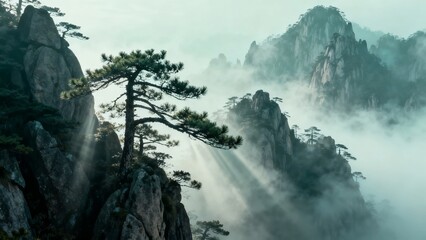 Majestic mountain peaks shrouded in mist with sunlight piercing through clouds and illuminating pine trees on rocky cliffs