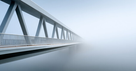 Minimalist modern steel bridge extending into dense fog over calm water with soft blue tones and geometric lines