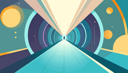 Geometric tunnel with a lone figure at the vanishing point, abstract shapes, and bright colors