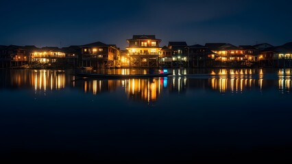 Waterfront Homes at Night with Beautiful Reflections