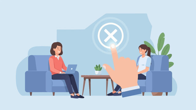 Interactive user interface with a hand pressing a cancel button and two women