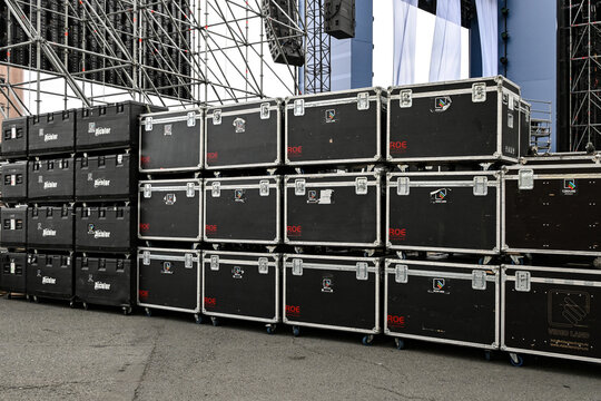 Boxes of a case for musical equipment.Selective focus.