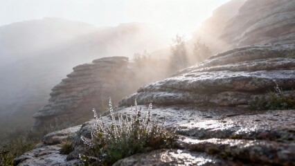 Sunlit rocky terrain with misty mountains and wildflowers in the foreground