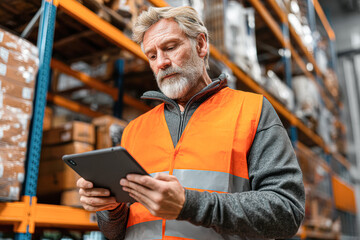 A man in a safety vest checks a tablet in a warehouse, surrounded by shelves stocked with boxes.