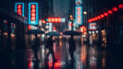 Rainy Night Cityscape Atmospheric Urban Scene with Blurry Lights and Reflections