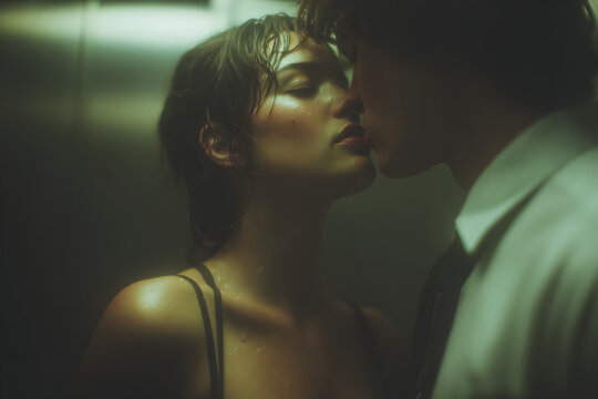 Couple Kissing in Elevator Romance Affair Workplace Love