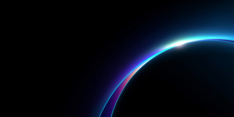 Obraz premium Abstract digital illustration of a glowing curved line with vibrant blue and purple hues on a black background, creating a futuristic and cosmic atmosphere