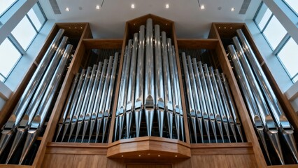 Large pipe organ with polished metal pipes set in wooden casing inside a modern building with large windows