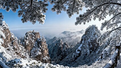 Snow-covered mountain peaks and pine trees under a clear blue sky