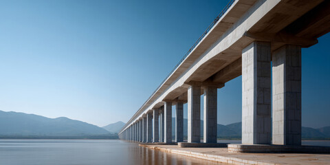 Fototapeta premium Long concrete bridge supported by multiple pillars extending over calm water with mountains in the background under clear blue sky