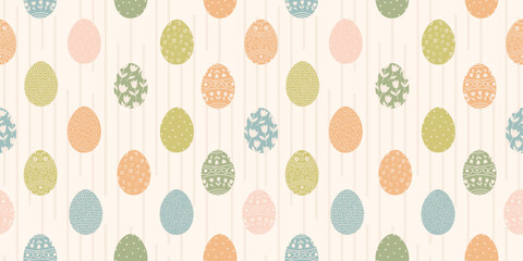 Easter Banner with seamless Pattern With Colorful Eggs In Pastel Colors On a light Background With stripes. Vector design for postcards, textiles, banners, posters