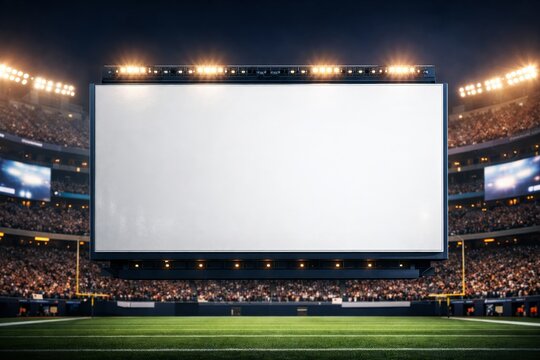 A large empty screen stands at the center of the stadium during the Super Bowl surrounded by fans and the football field