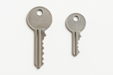 Two metallic keys with different sizes and teeth patterns for unlocking access and security.