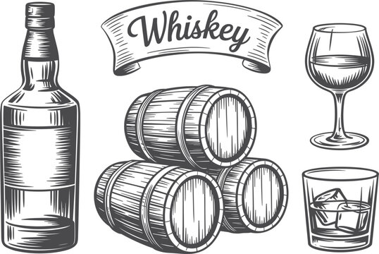 Vintage whiskey collection sketch, glass of bourbon with ice, wooden barrels, and bottle vector illustration