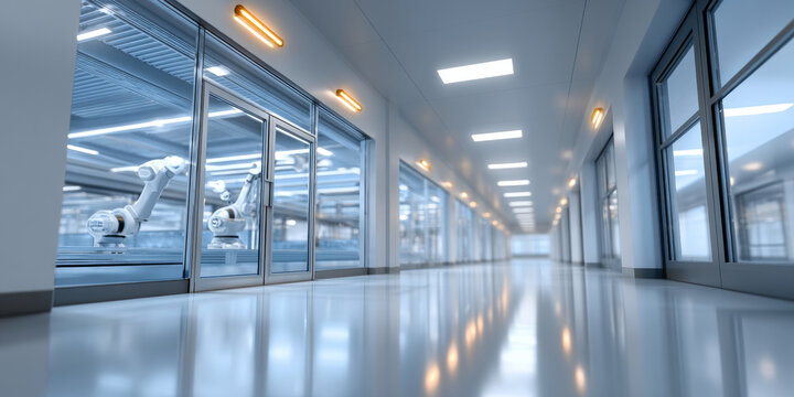 Modern industrial hallway with glass walls revealing robotic arms in a clean, brightly lit manufacturing facility with reflective floors and ceiling lights - Powered by Adobe