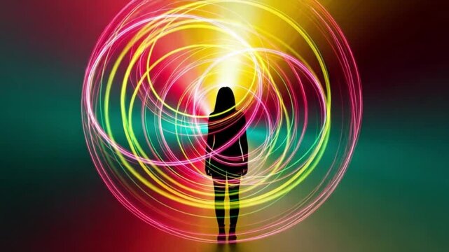 Vibrant silhouette of a person surrounded by colorful swirling light beams in a gradient background