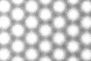 Macro of printed diagonal halftone shading with soft circular glow spots, black on transparent PNG, resembling festival lights or bokeh in monochrome.
