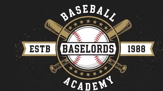 Baseball academy logo with baseball and bat on dark background