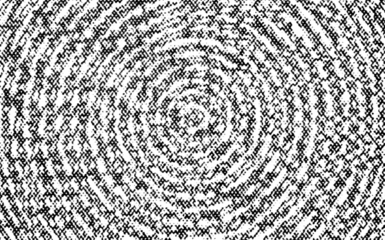 Macro halftone dots forming distorted concentric rings with gritty noise interference. Black and white printed pattern isolated on transparent background, PNG alpha.