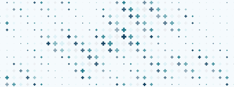Medical background with blue and green cross pattern and abstract plus symbols. Modern health texture for hospital websites, healthcare banners, and clinical design templates.