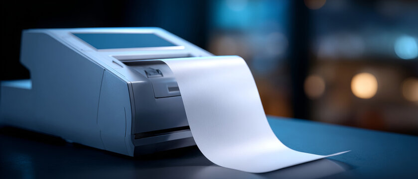 Close-up of a thermal receipt printer printing a blank receipt on a dark surface with blurred background lights