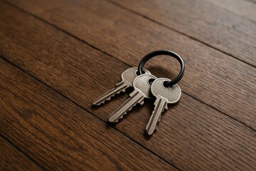 A bunch of silver house keys on a rustic wooden table, property access, home ownership, security.