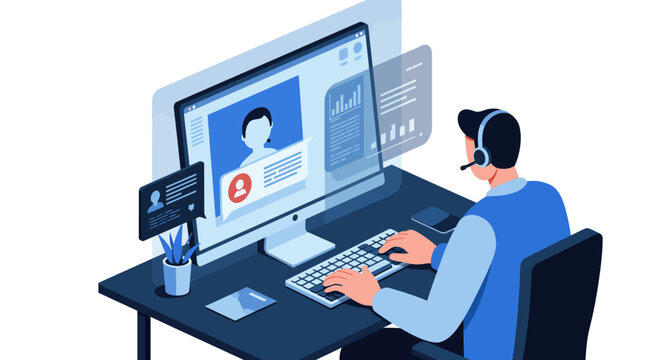 Customer Service Representative Working on Computer.
