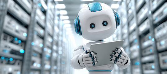 Robotic assistant analyzing data on tablet in high-tech server environment