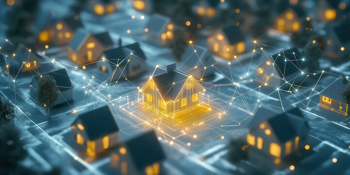 Nighttime view of a network-connected illuminated house surrounded by a neighborhood