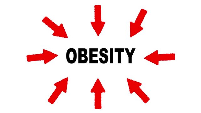 Conceptual Illustration Focusing on Obesity with Red Arrows Pointing Inwards to Highlight Healthcare and Weight Issues on a Clean White Background