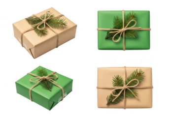 Four wrapped gifts with greenery and twine on black background