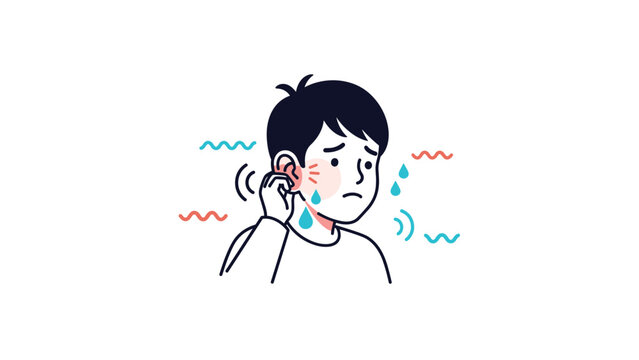 Concerned young boy touching his red and painful ear while suffering from a common middle ear infection or hearing discomfort symptoms.