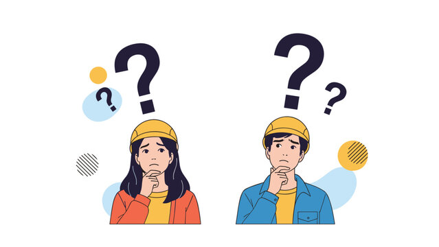 Male and female construction workers wearing yellow hardhats and looking confused while trying to solve a complex engineering problem.