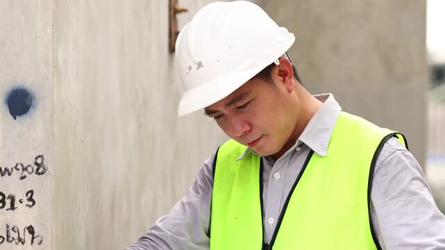 measurement horizontal deviation of construction. Balance Bubble level ruler, Tools equipment building and engineering. Civil engineer Asian man in safety hard hat helmet working at construction site