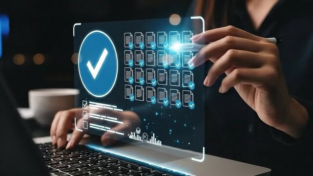 Woman interacting with futuristic transparent digital interface on laptop screen with checkmark and documents