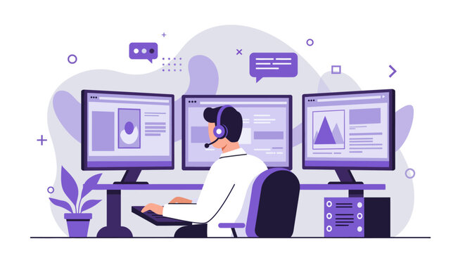 Man Working on Multiple Computer Monitors.