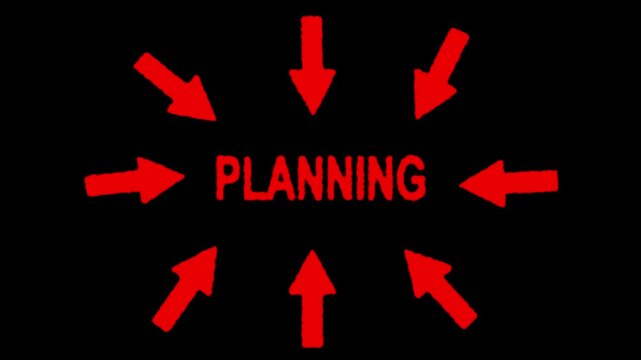 Hand-drawn style red arrows pointing at the word PLANNING in the center of a black frame. Conceptual illustration of project management, strategy, and business goals.