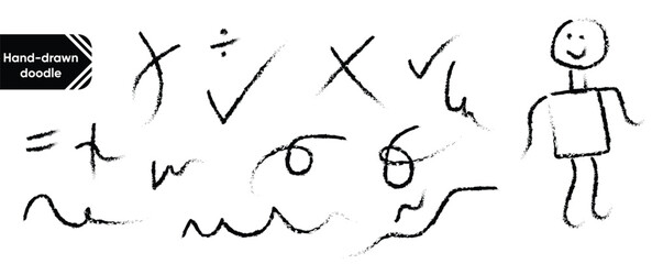 Hand-drawn black ink doodles of mathematical symbols and stick figure human