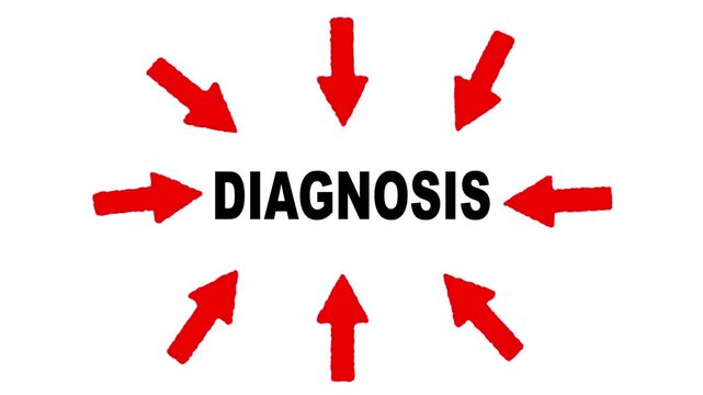 Conceptual illustration featuring the word DIAGNOSIS in bold black text centered on a white background, surrounded by red arrows pointing inward to symbolize medical focus, examination, identification