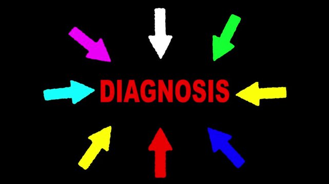 The word DIAGNOSIS written in bold red text on a black background, surrounded by colorful hand-drawn arrows pointing towards the center, symbolizing focus, medical examination & problem identification