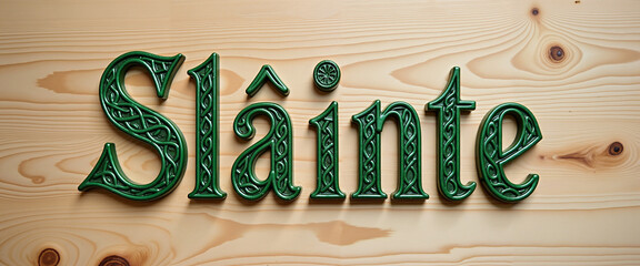 Celtic knots and green typography of 'Sláinte' on wooden background  