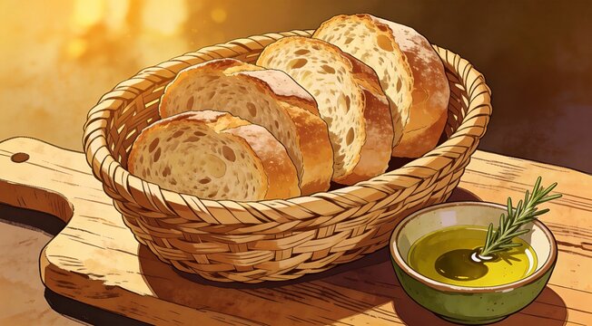 Stock illustration of artisan bread basket with olive oil dip, rustic wooden board, golden hour ligh